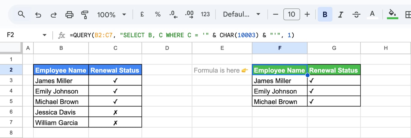 Filtering data in Google Sheets using the CHAR function within a QUERY formula for dynamic results. i-border