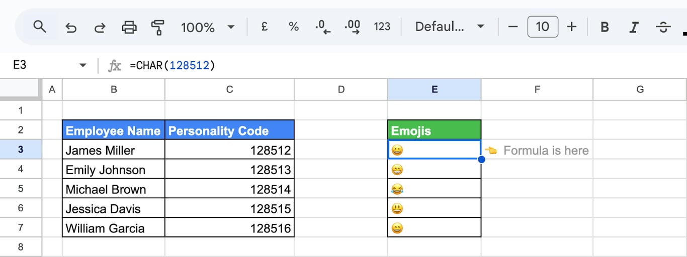 Example of the CHAR function in Google Sheets, generating specific characters from numeric character codes. i-border