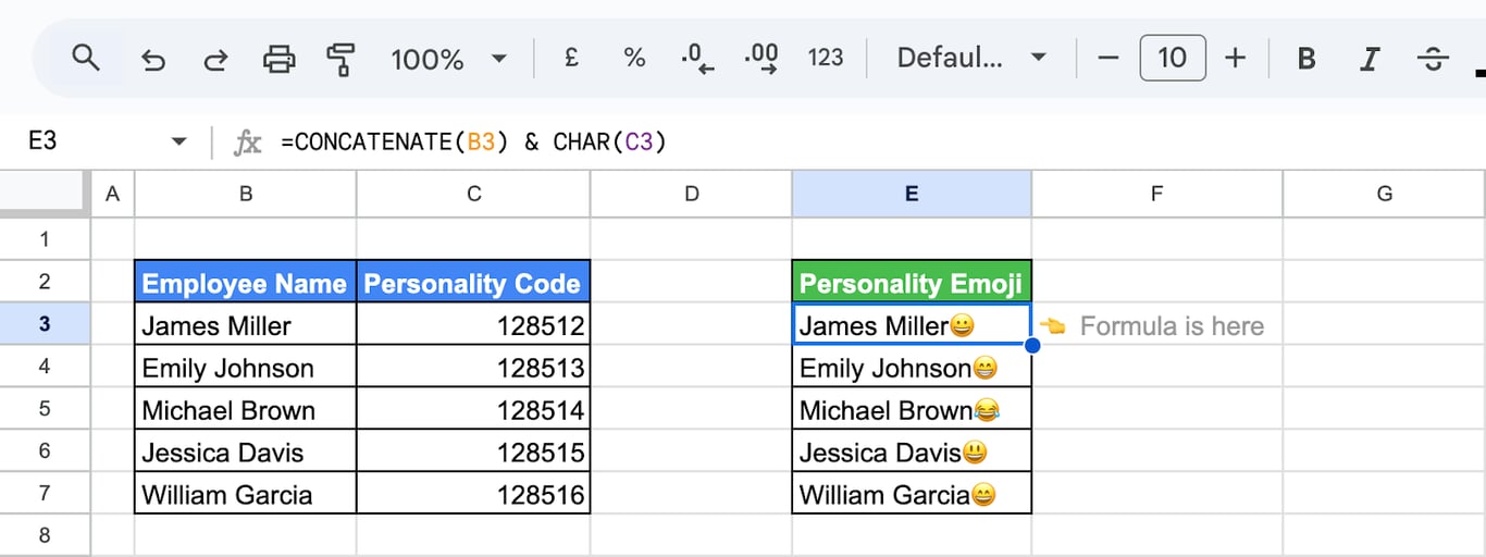 Merging text with special symbols in Google Sheets using the CHAR function and CONCATENATE. i-border
