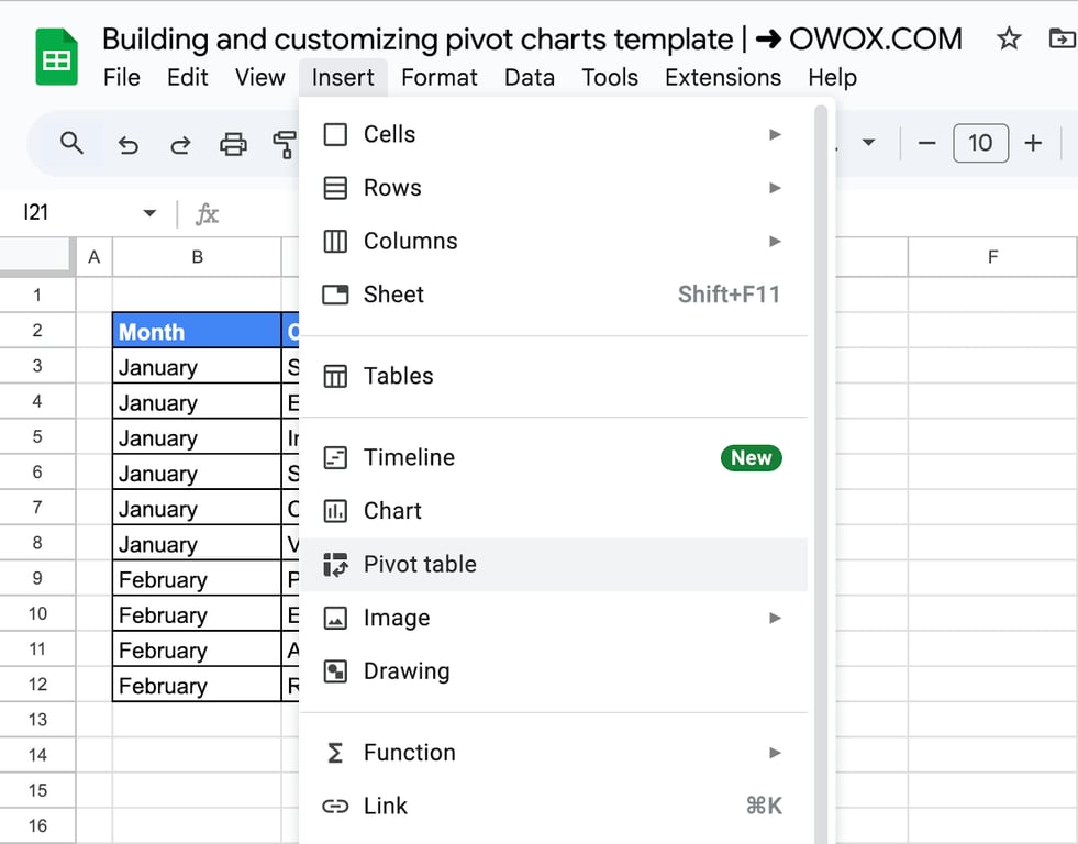 Selecting the ‘Pivot Table’ option from the ‘Insert’ menu in Google Sheets to create a pivot table for a pivot chart. i-border