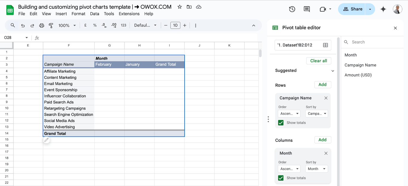 Refining a Pivot Chart in Google Sheets by adjusting row and column selections. i-border