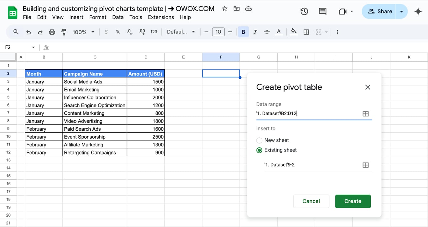 Selecting where to place a Pivot Chart in Google Sheets for better visualization. i-border