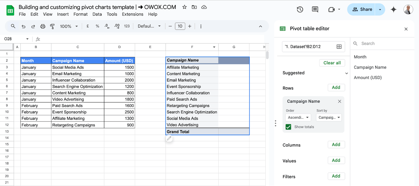Adding row and column fields in Google Sheets to structure a Pivot Chart properly. i-border