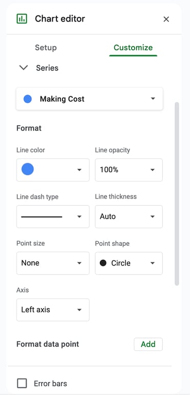 Adjusting data series settings in Google Sheets to control how data appears in a Pivot Chart. i-border