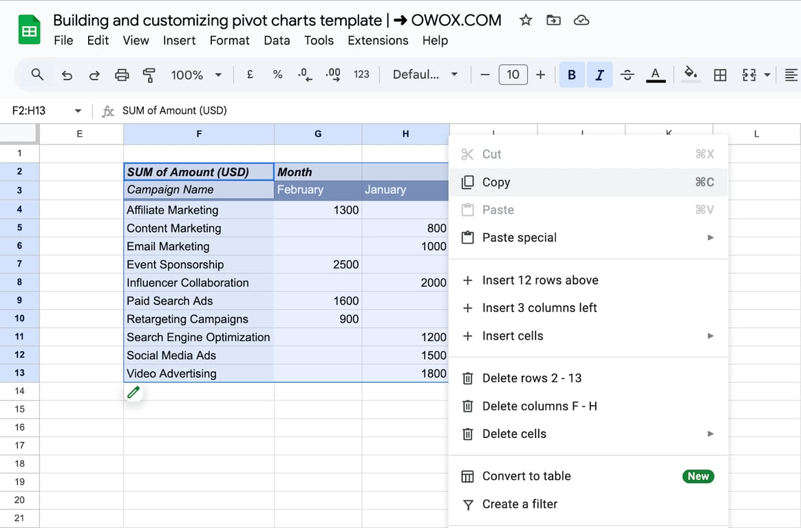 Duplicating a Pivot Table in Google Sheets to create a new Pivot Chart. i-border