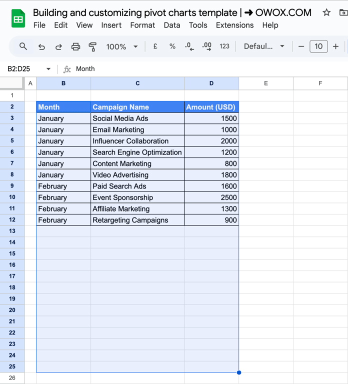Creating a Pivot Table with extra row selections in Google Sheets before generating a Pivot Chart. i-border