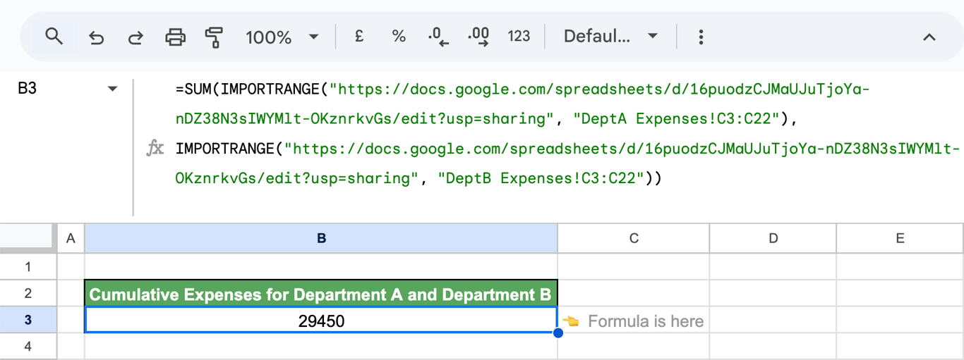 Using IMPORTRANGE in Google Sheets combined with the SUM function to summarize imported data. i-border