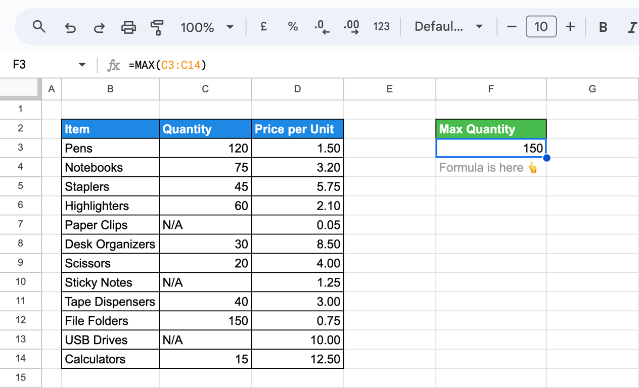 Shows an example of using the MAX function in Google Sheets where numbers and text are mixed in a data range. i-border