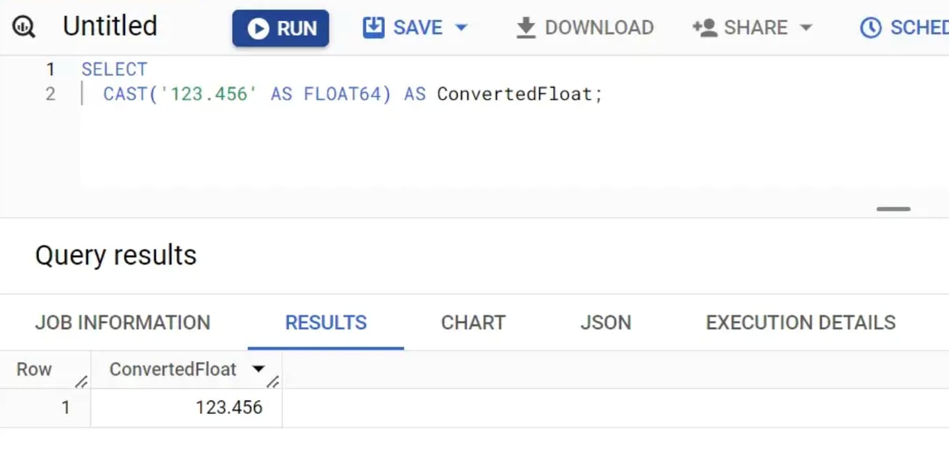 Converting data to FLOAT64 type for handling decimal numbers in BigQuery.
