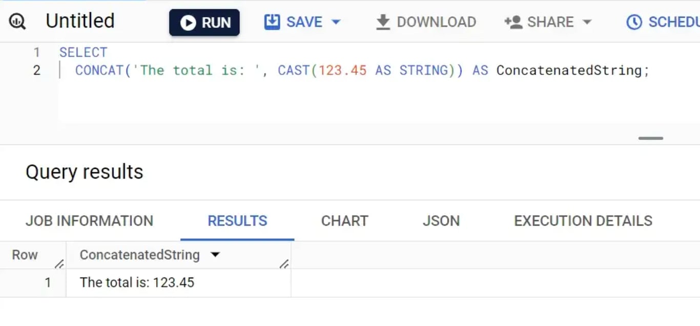 Casting different data types to STRING for text manipulation in BigQuery.