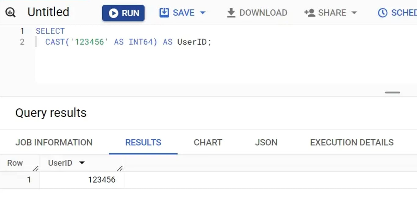 Casting data to INT64 for processing integer values in BigQuery.