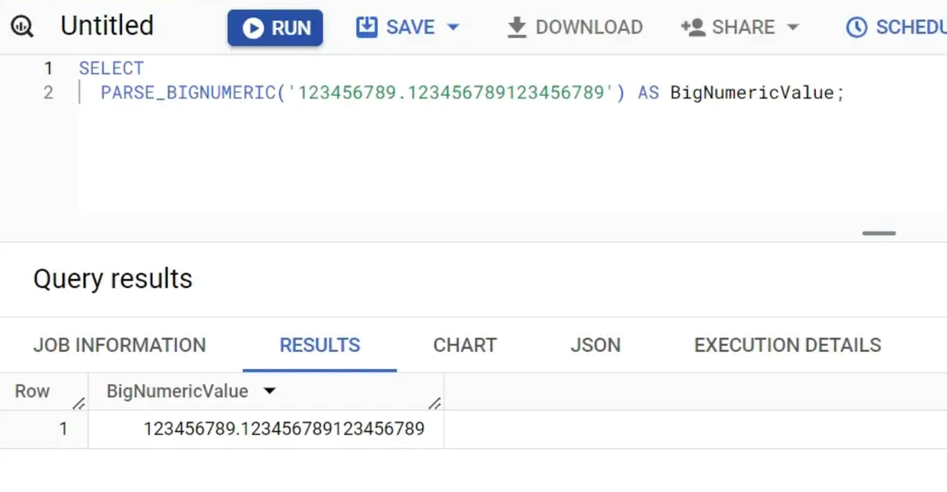 Parsing string values into BIGNUMERIC data type in BigQuery.