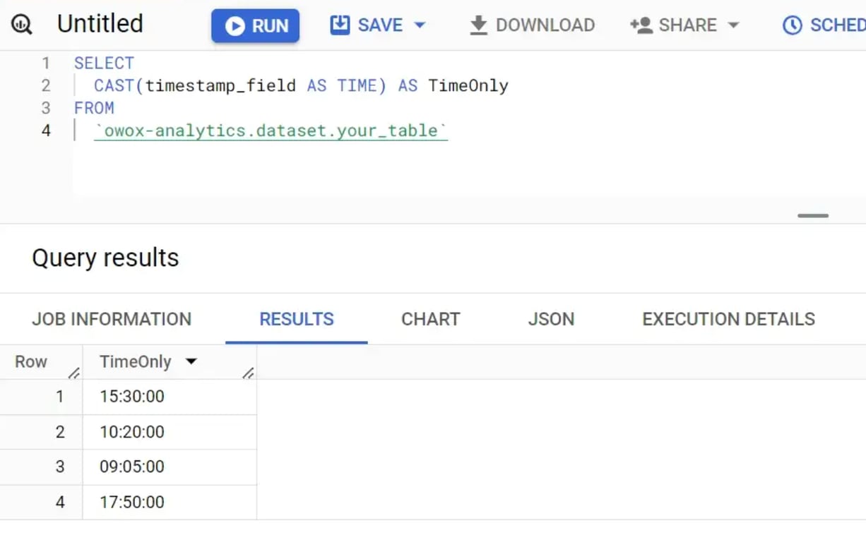 Casting values into TIME format for time-based queries in BigQuery.