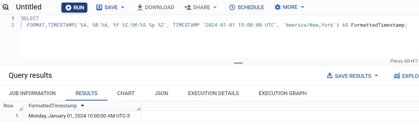 Transforming TIMESTAMP values into a formatted string using FORMAT_TIMESTAMP.