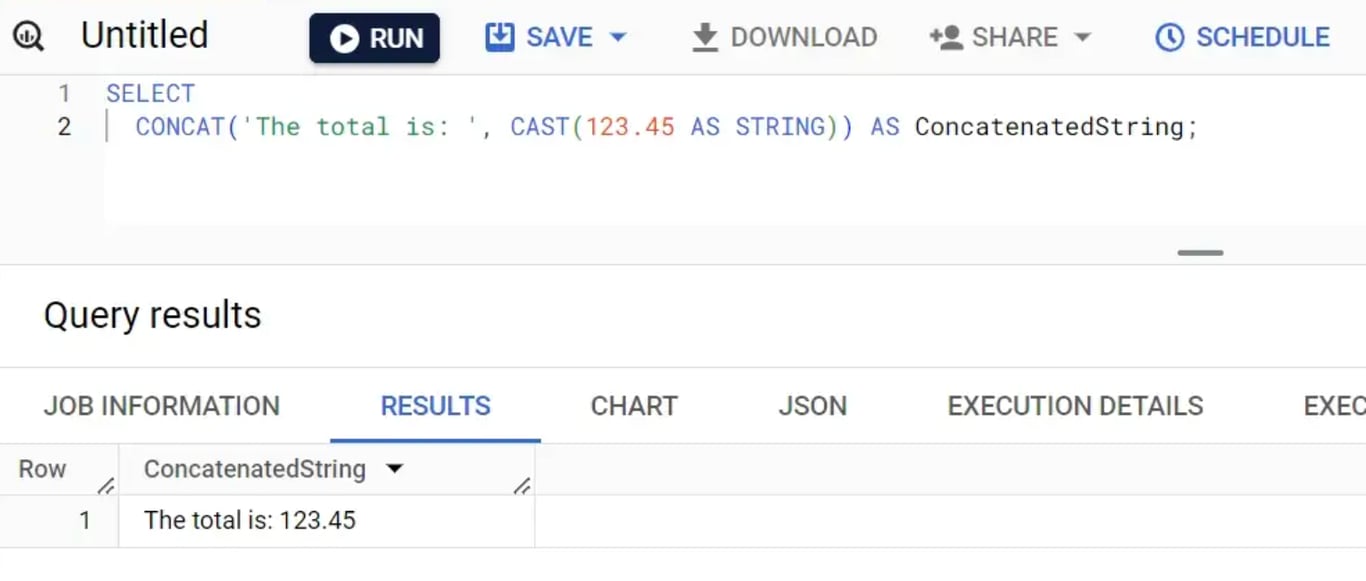 Converting a numeric value into a string for concatenation by using CAST.