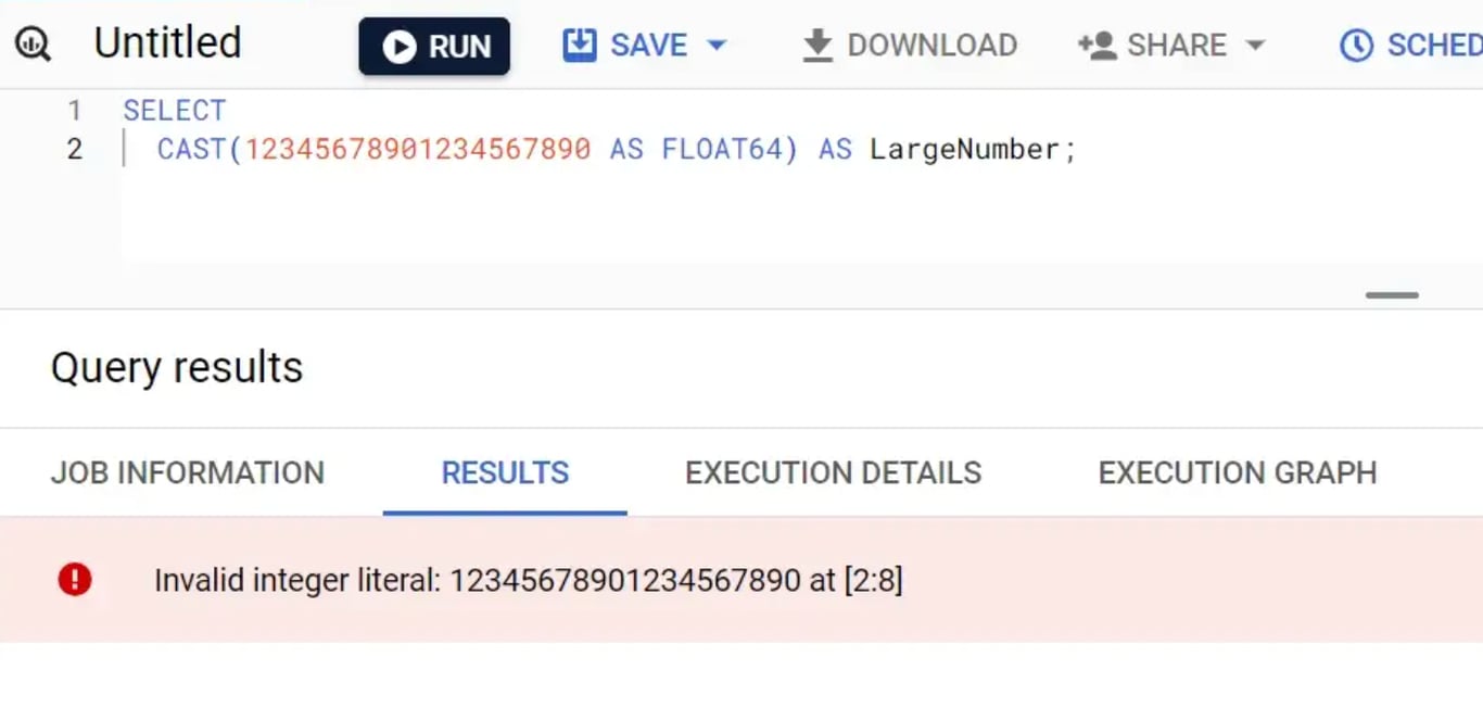 Example of a casting error when converting to FLOAT64 in BigQuery.
