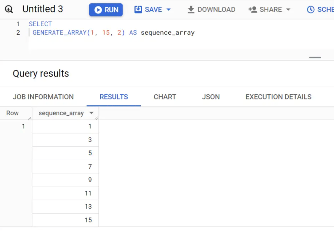 Explains creating a sequence of numbers using the GENERATE_ARRAY function for iterative processing.