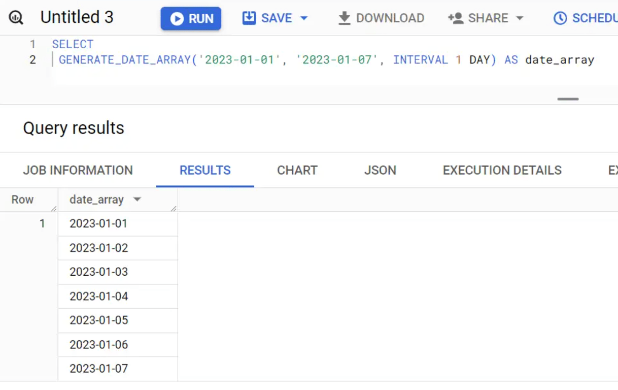 Shows generating a date sequence with proper ordering using the GENERATE_DATE_ARRAY function.