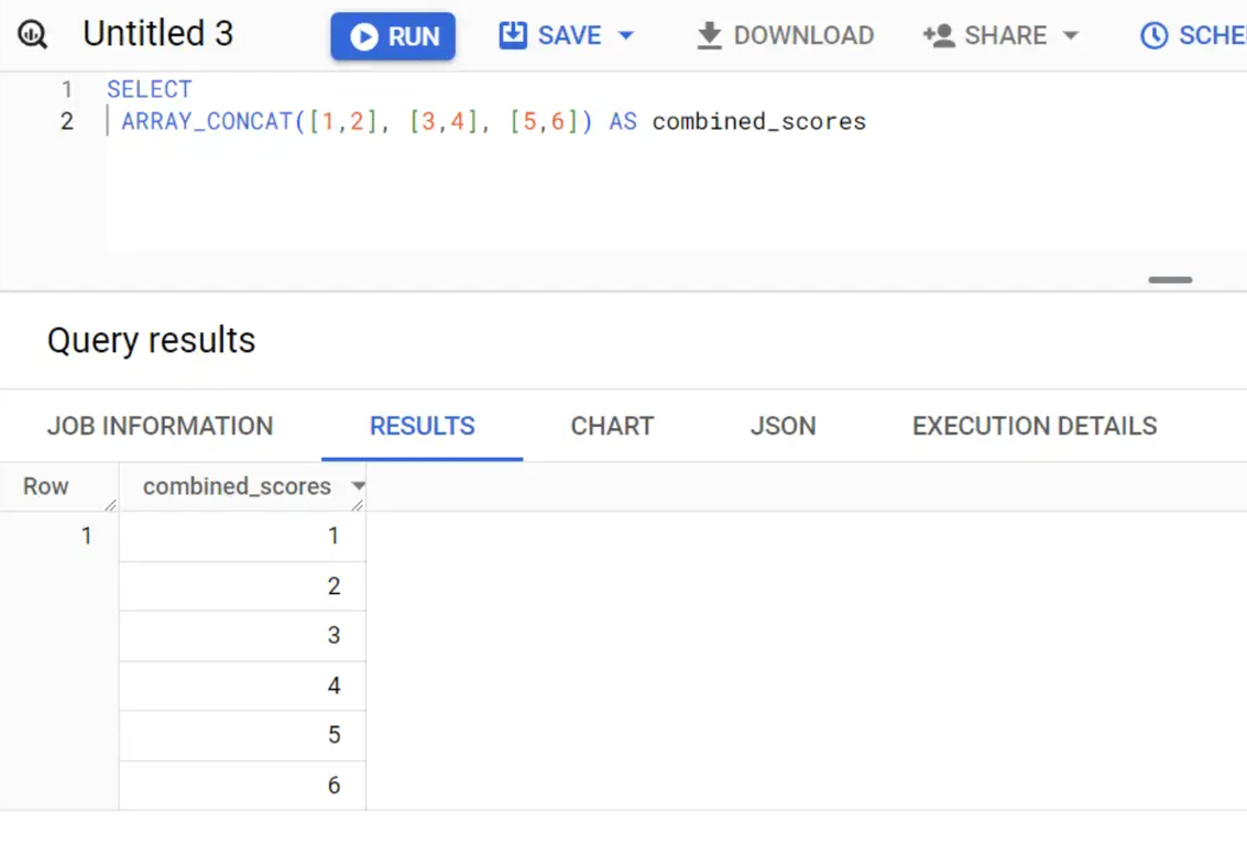 Shows combining multiple arrays into one using the ARRAY_CONCAT function.