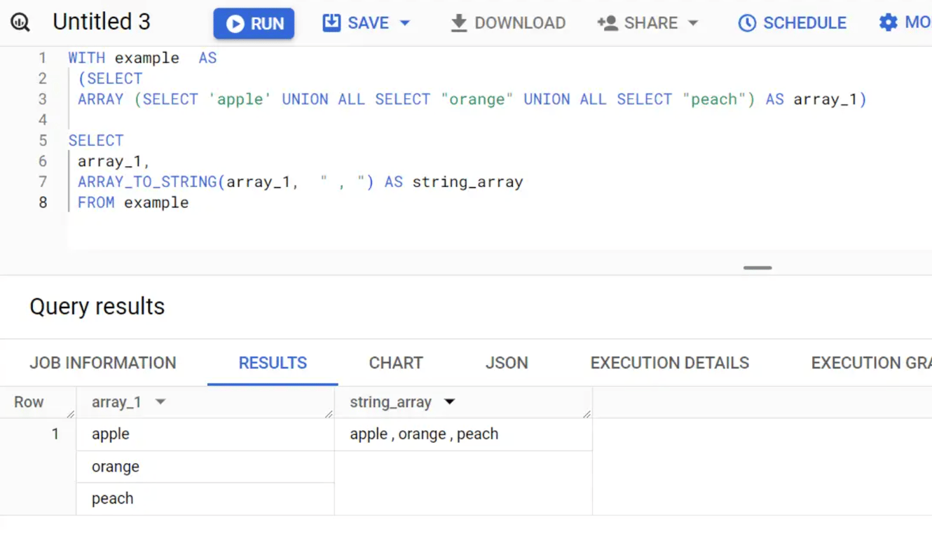 Converts an array to a string with the ARRAY_TO_STRING function using a comma as the delimiter.