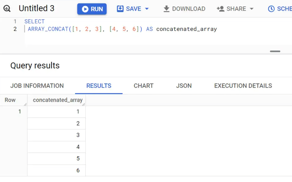 Combining arrays using the ARRAY_CONCAT function, highlighting potential type mismatch issues.