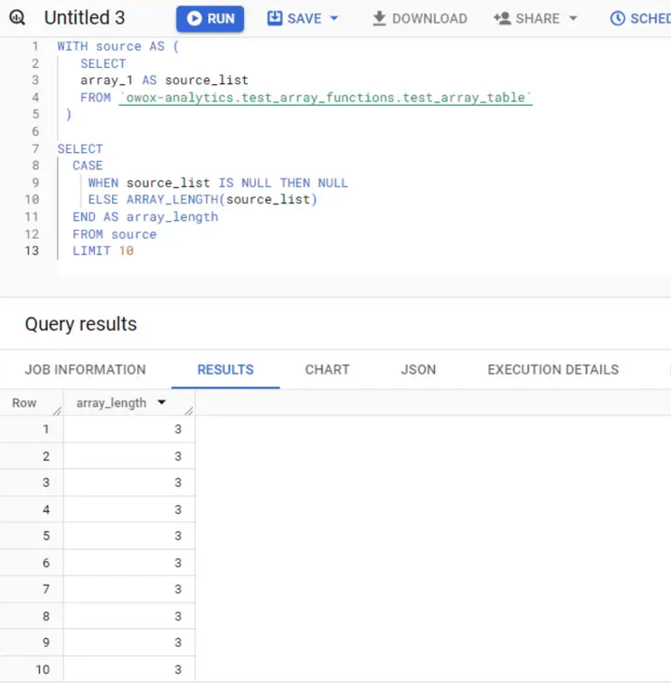 Shows calculating the size of arrays using the ARRAY_LENGTH function, including null and empty array scenarios.