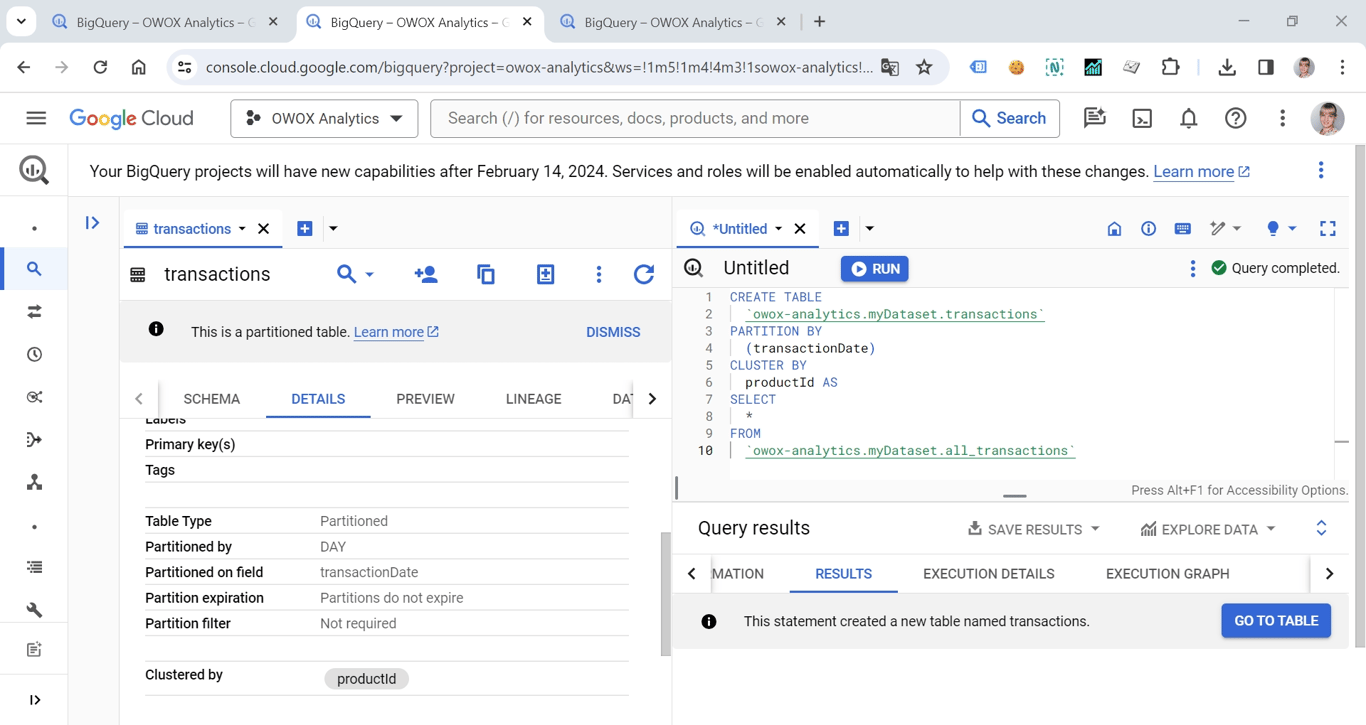 CREATE TABLE PARTITION  cluster transactions in BigQuery, demonstrating partitioning and clustering for transactional data. i-shadow