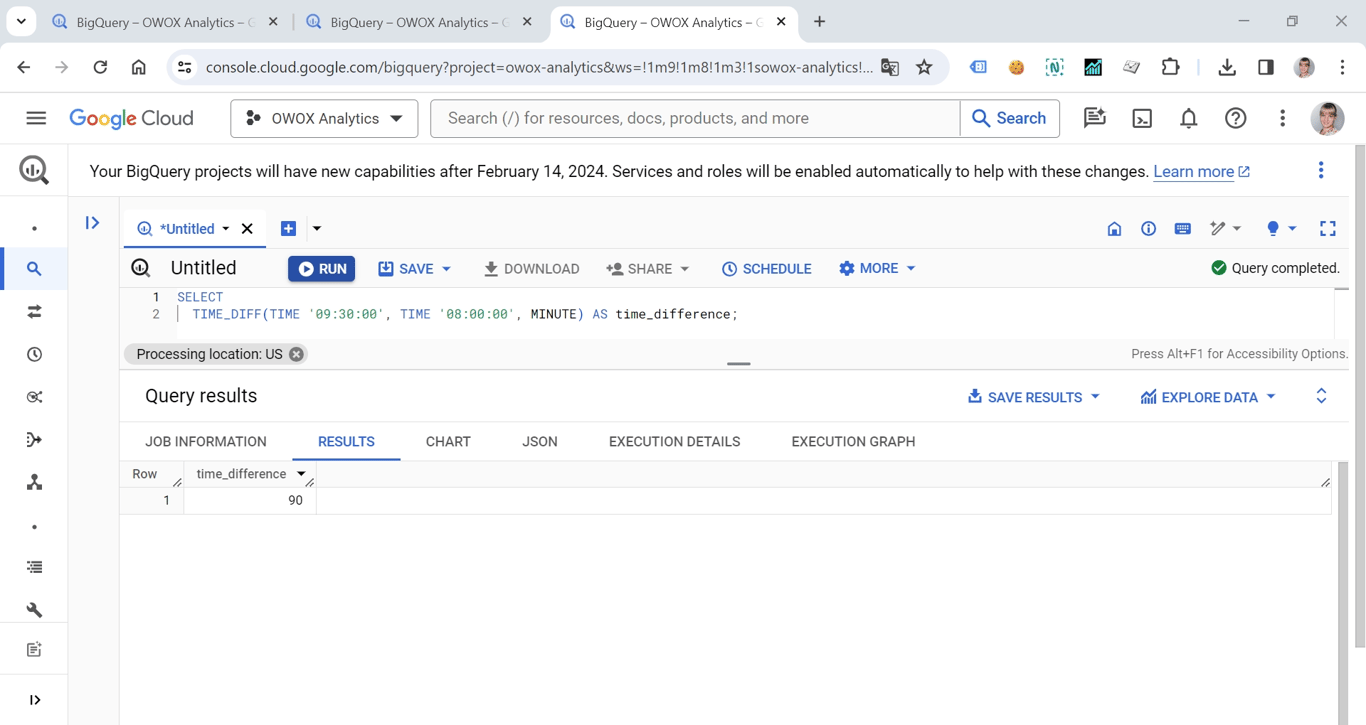 TIME_DIFF in BigQuery, used to calculate the difference between two time values in minutes. i-shadow