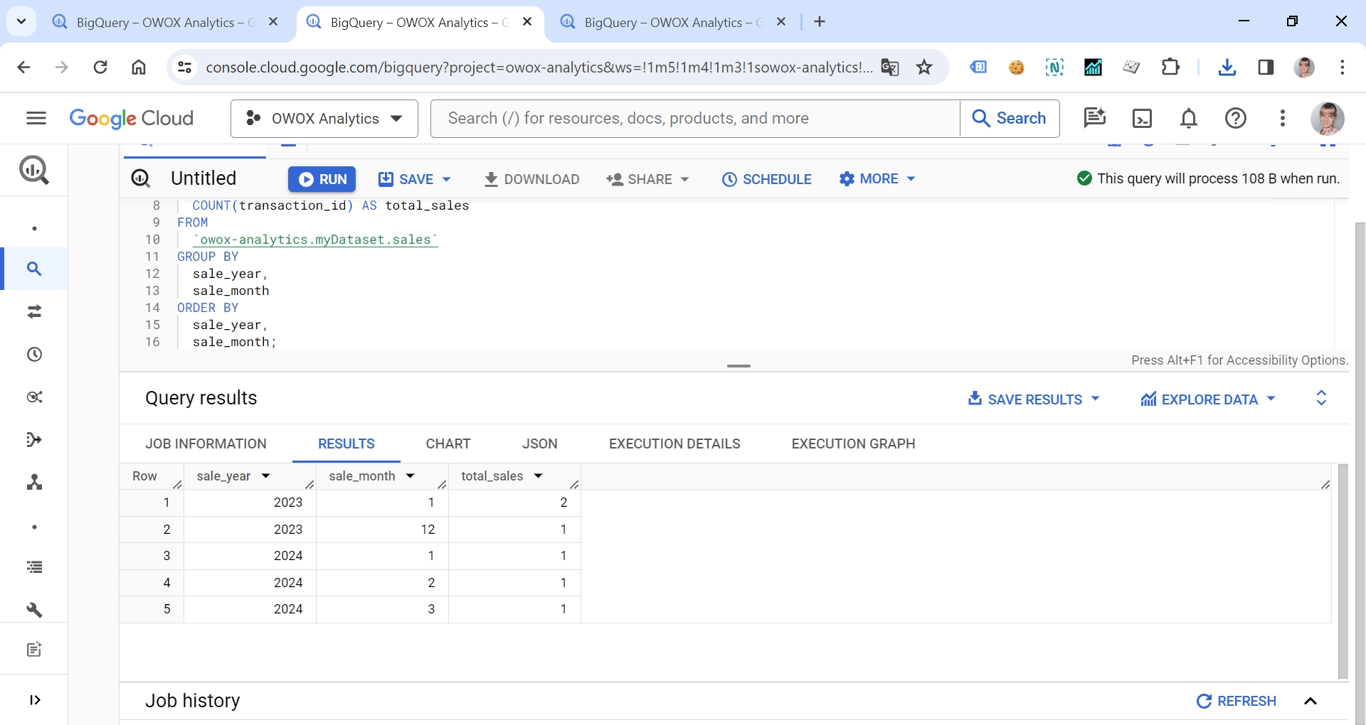EXTRACT with group by results in BigQuery, showing aggregated outputs based on extracted date parts. i-shadow