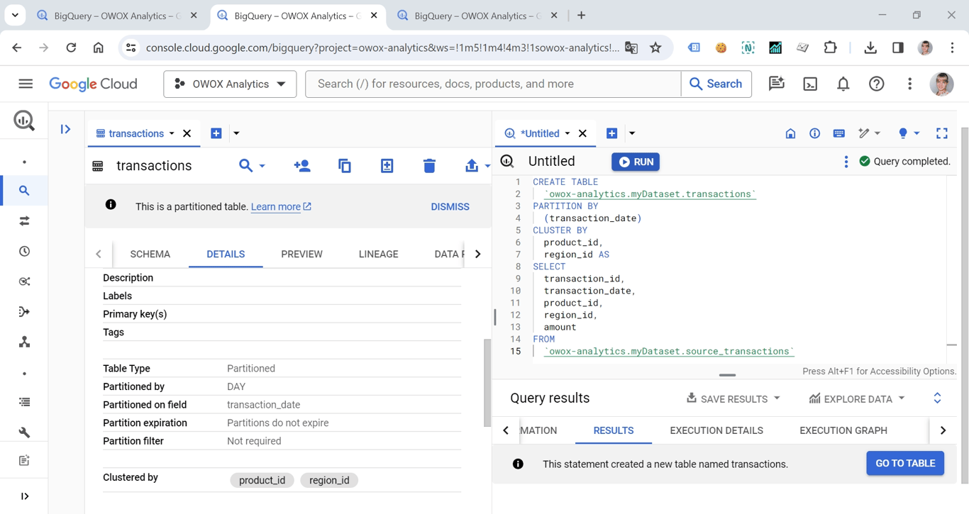 Creating a Partitioned and Clustered Table for Transactions in BigQuery, Optimizing Data Storage and Query Performance. i-shadow 