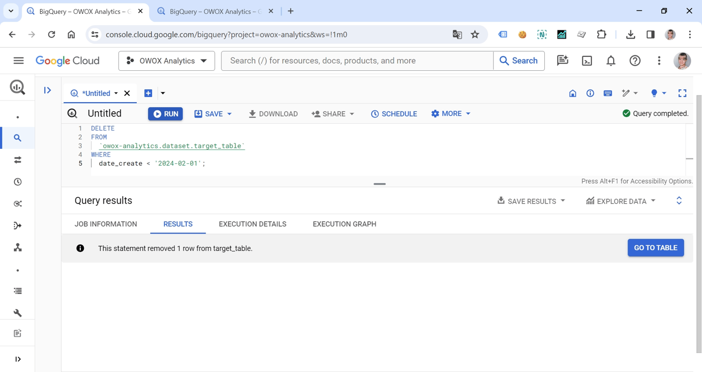 DELETE FROM TABLE  in BigQuery, demonstrating how to remove specific rows from a table based on conditions. i-shadow