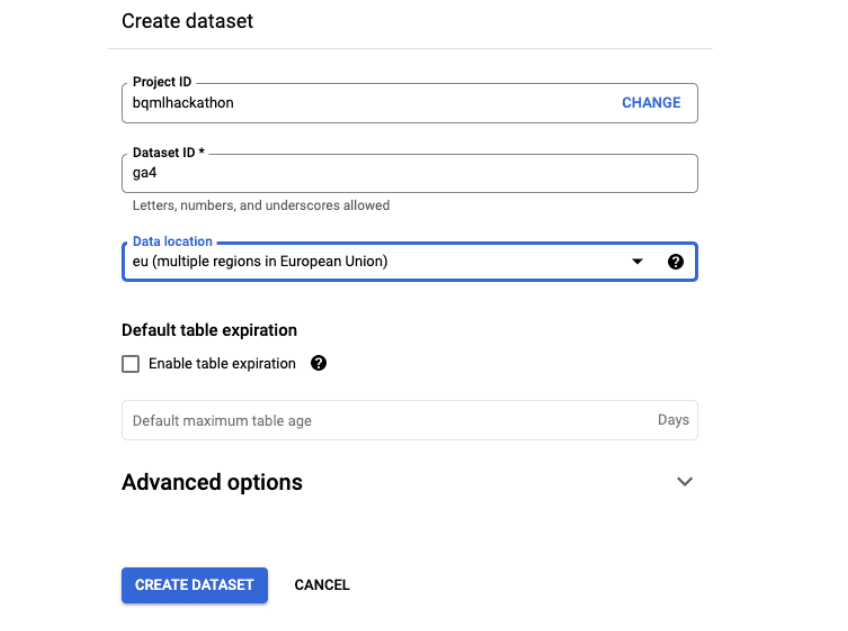BigQuery console displaying a list of datasets with the ‘Create dataset’ option highlighted for adding a new dataset. i-shadow