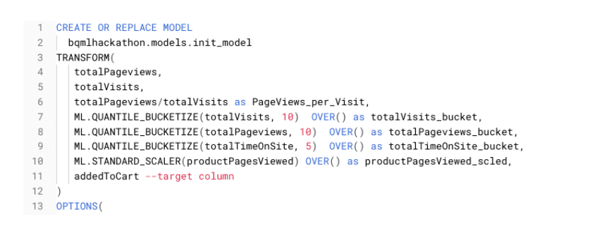 BigQuery ML CREATE MODEL statement using the TRANSFORM clause to perform feature engineering and data preprocessing, refining input features for improved model accuracy. i-shadow