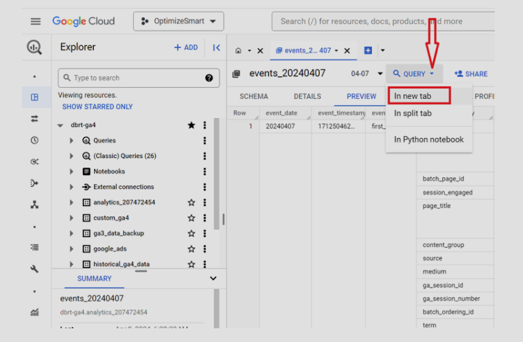 BigQuery interface showing the ‘Query’ drop-down menu with the ‘In new tab’ option selected to start a new query.