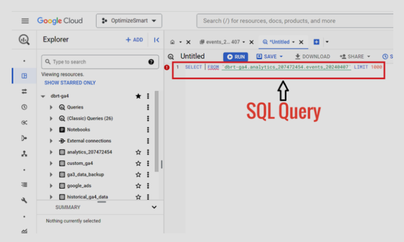 SQL Query Editor in BigQuery with an SQL command being entered, using SELECT * to retrieve all columns from a table