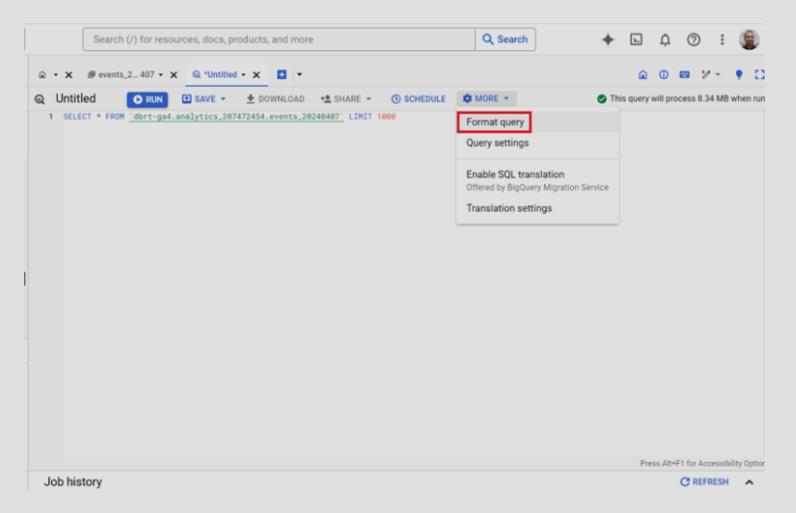Structuring Query by using the Format Query option in BigQuery.