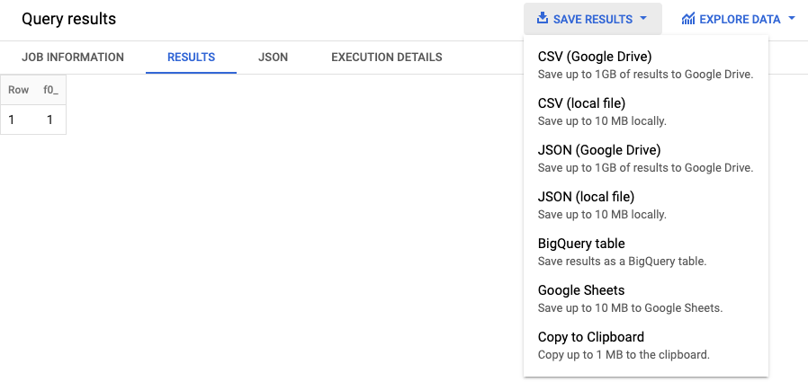 Save Results’ option with choices for CSV or JSON formats to save query results to Google Drive. i-shadow