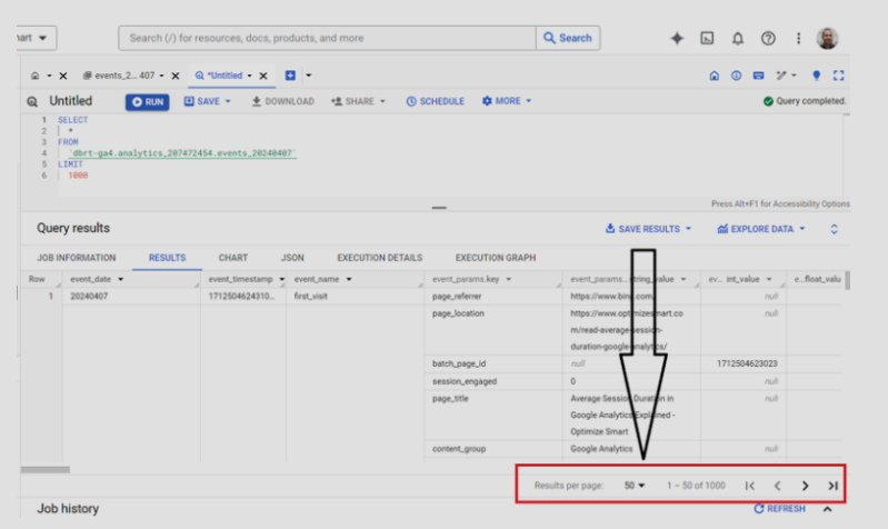 Navigation bar at the bottom-right of the query results window for navigating through results.