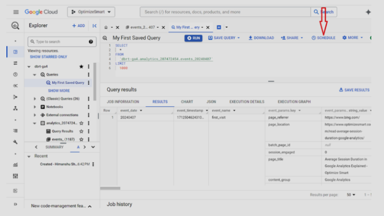 SCHEDULE’ button to automate query execution with options to set frequency and destination table.