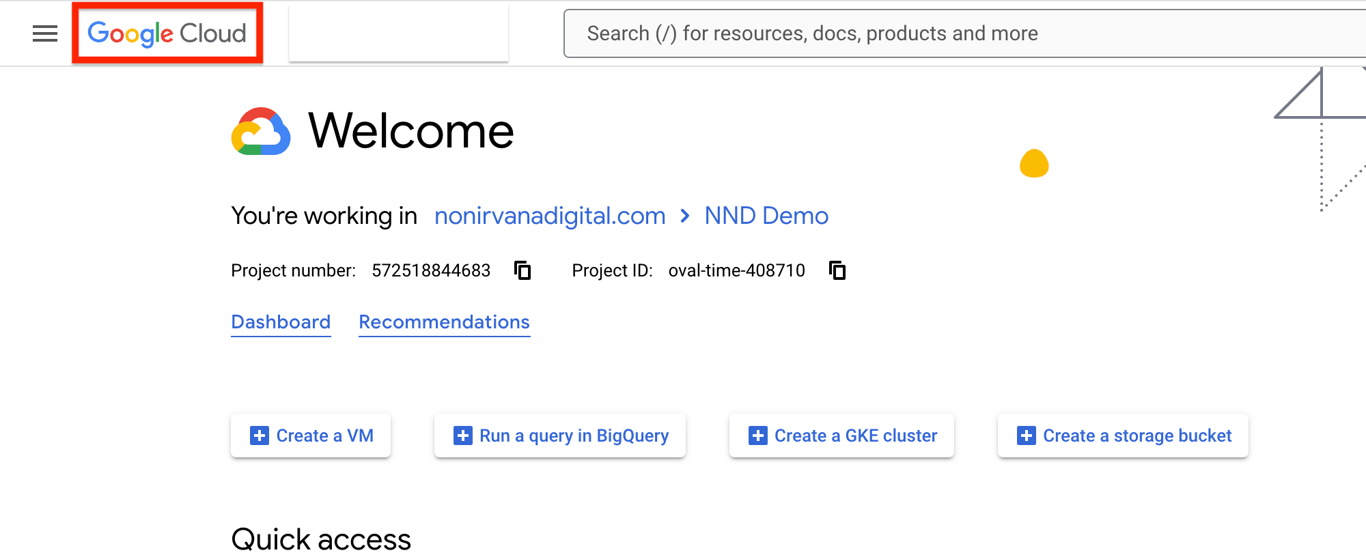 Google Cloud Console homepage with the ‘Google Cloud’ icon highlighted for access. i-shadow