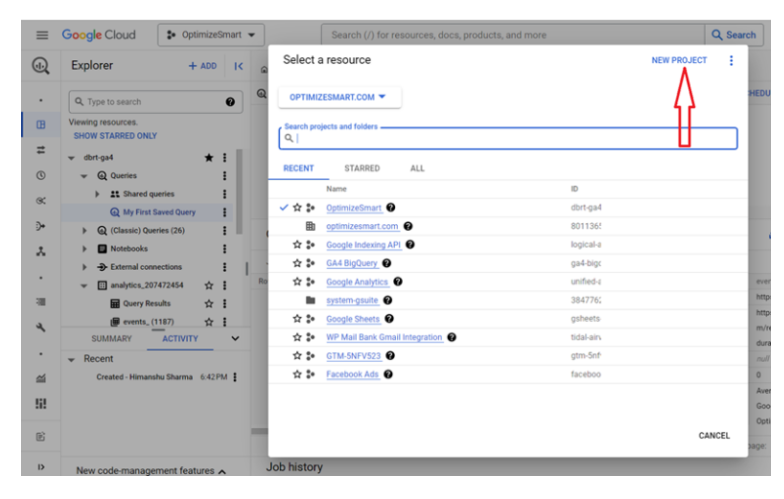Option to create a new project in Google Cloud Console.