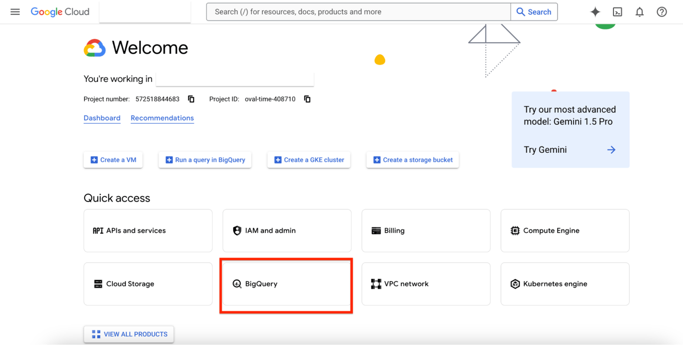 Quick Access panel in Google Cloud Console with the ‘BigQuery’ button highlighted. i-shadow