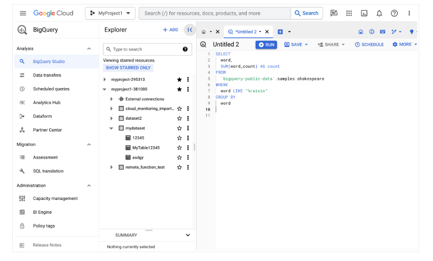 BigQuery Studio interface showing key areas for managing projects, datasets, and queries. i-shadow