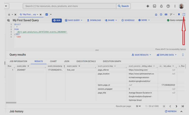 BigQuery interface with customization options for resizing and rearranging panels to improve workflow efficiency.