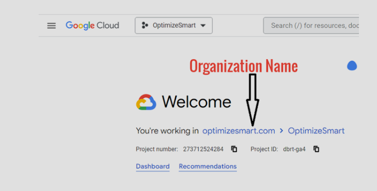 BigQuery Console showing organization structure with multiple projects listed under an organization.
