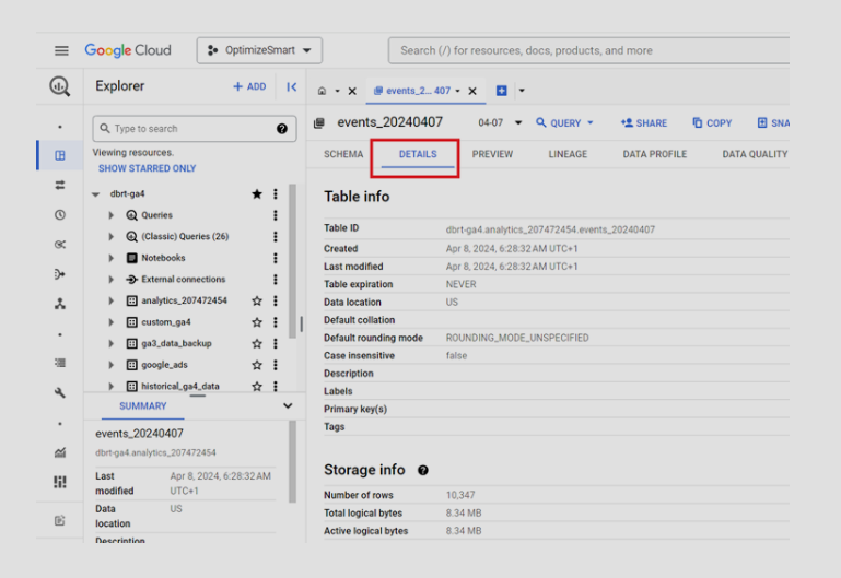 Details tab showing key information about the ‘events_’ data table, including Table ID.