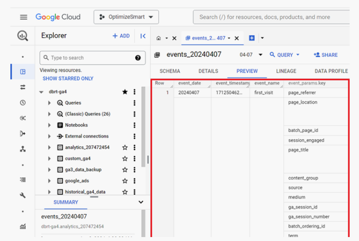 Preview tab displaying rows and columns of data from the ‘events_’ table with navigation options for more rows and columns. i-shadow