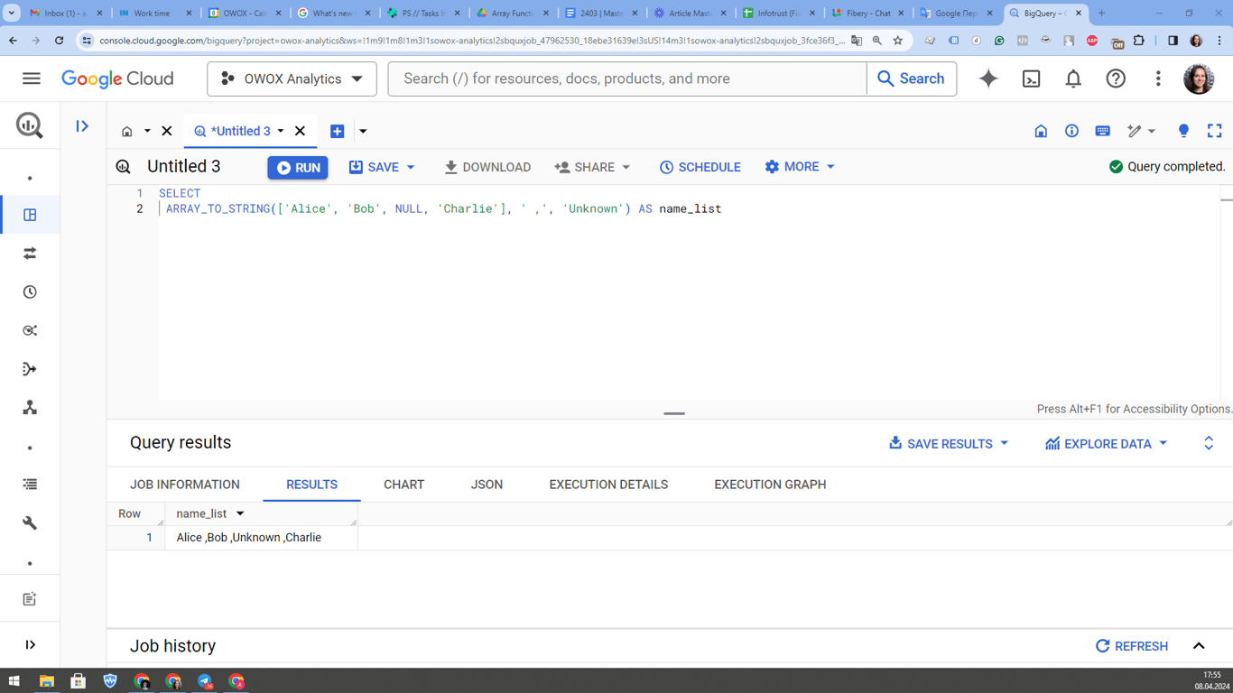 Highlights converting arrays to strings using the ARRAY_TO_STRING function, emphasizing delimiter handling.