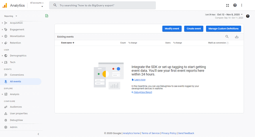 Google Analytics events dashboard for setting up and managing event tracking, including conversions and custom definitions.