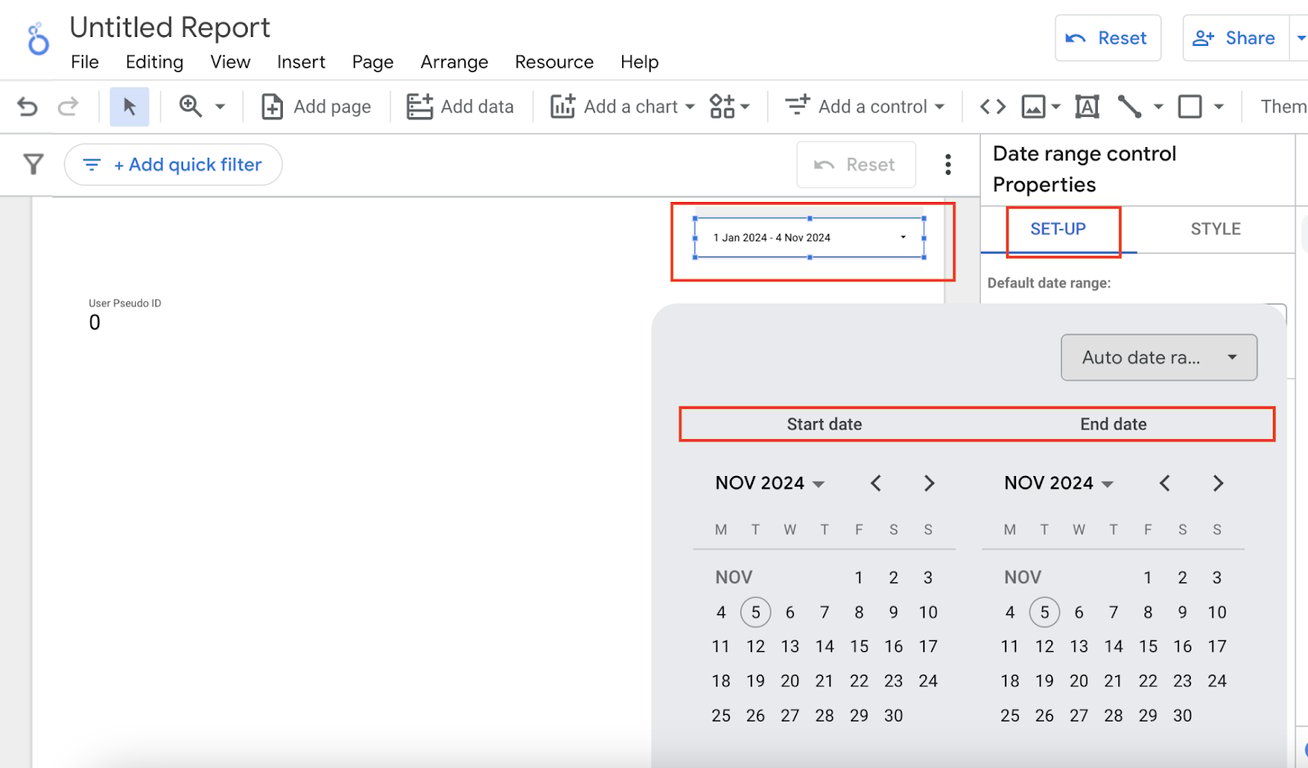 Looker Studio interface with a date range control applied. The calendar selection panel is open, allowing users to pick a start and end date.i-shadow